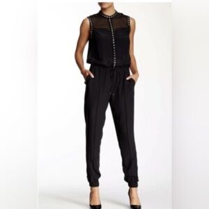 Rebecca Taylor Black Sleeveless 100% silk Jogger Jumpsuit with Metal stud Trim